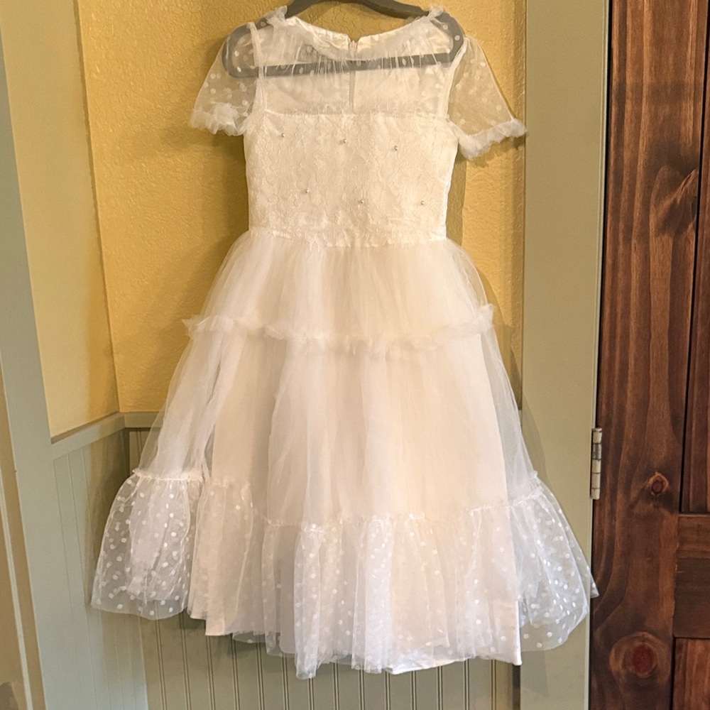 Trish scully Swiss dot and pearl flower girl dress